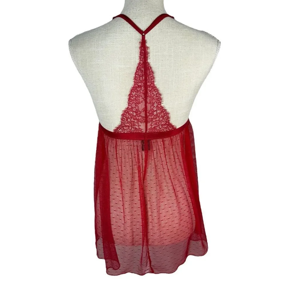 Victoria's Secret Red All Over Lace Mesh Babydoll Chemise Lingerie Dress